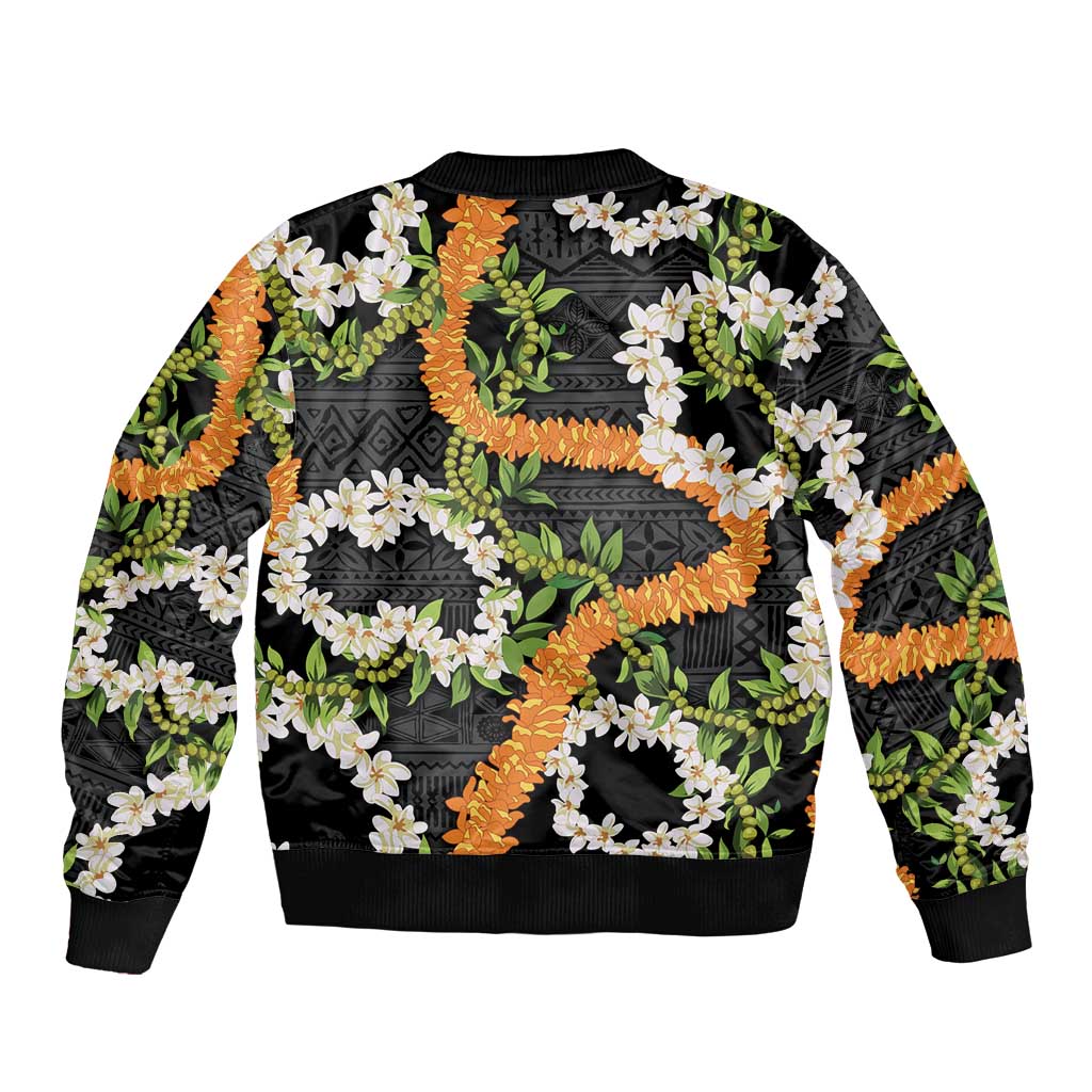 Aloha Festive Hawaii Bomber Jacket Mokihana - Maile and Ilima on Black - Polynesian Pride