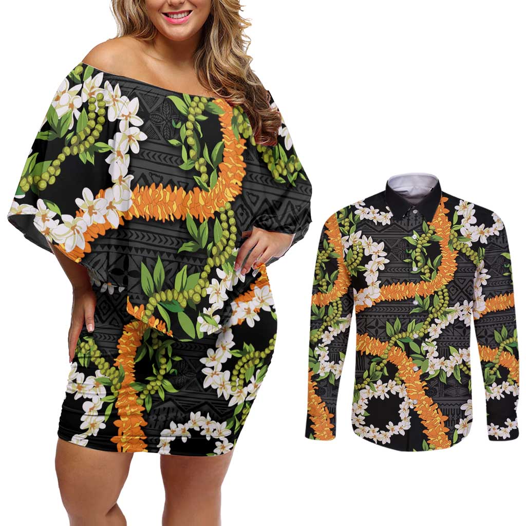 Aloha Festive Hawaii Couples Matching Off Shoulder Short Dress and Long Sleeve Button Shirt Mokihana - Maile and Ilima on Black - Polynesian Pride