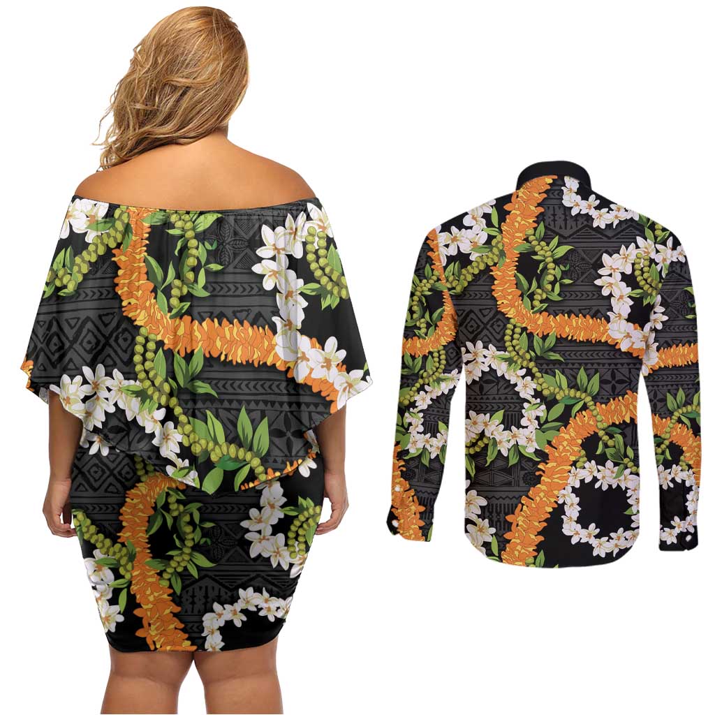 Aloha Festive Hawaii Couples Matching Off Shoulder Short Dress and Long Sleeve Button Shirt Mokihana - Maile and Ilima on Black - Polynesian Pride