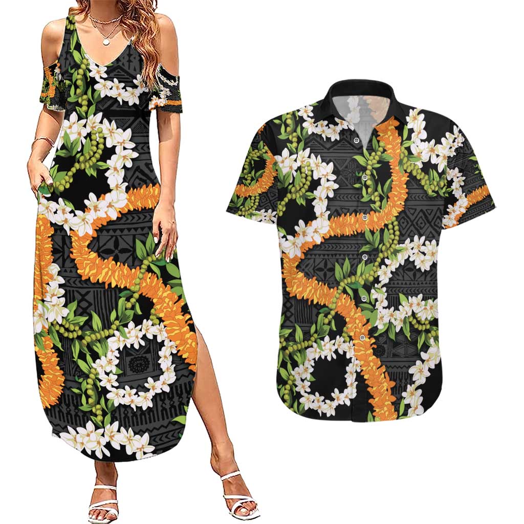 Aloha Festive Hawaii Couples Matching Summer Maxi Dress and Hawaiian Shirt Mokihana - Maile and Ilima on Black - Polynesian Pride