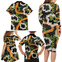 Aloha Festive Hawaii Family Matching Long Sleeve Bodycon Dress and Hawaiian Shirt Mokihana - Maile and Ilima on Black - Polynesian Pride