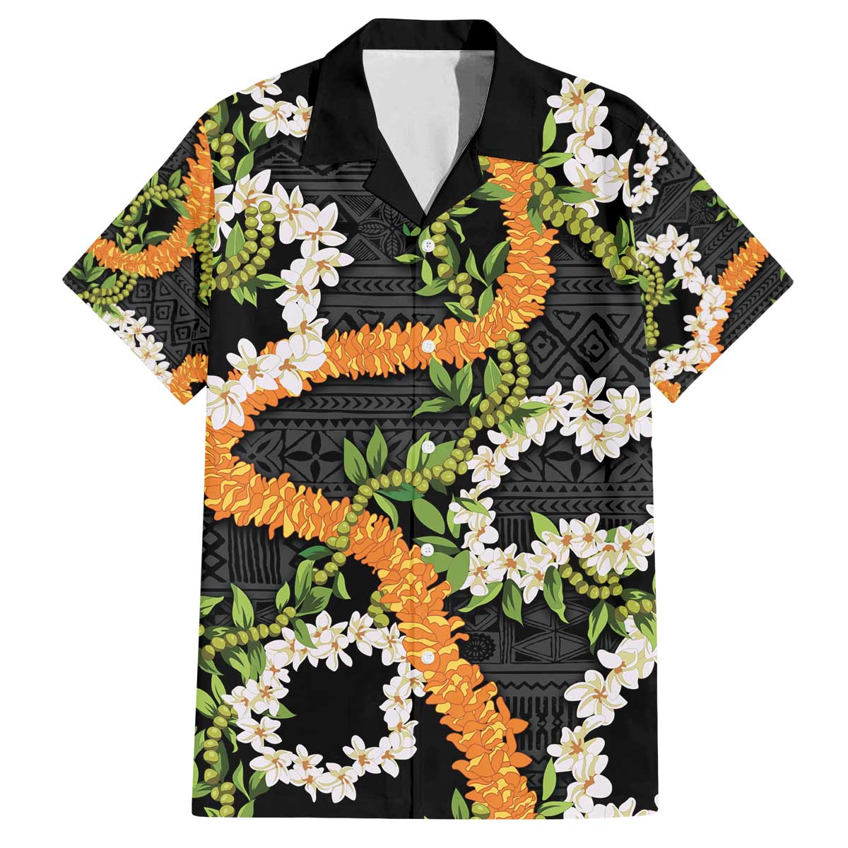 Aloha Festive Hawaii Family Matching Off The Shoulder Long Sleeve Dress and Hawaiian Shirt Mokihana - Maile and Ilima on Black - Polynesian Pride