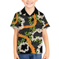 Aloha Festive Hawaii Family Matching Off The Shoulder Long Sleeve Dress and Hawaiian Shirt Mokihana - Maile and Ilima on Black - Polynesian Pride