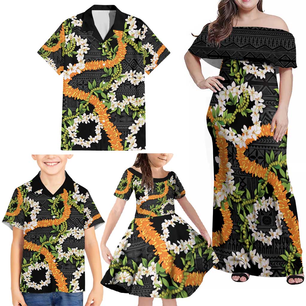 Aloha Festive Hawaii Family Matching Off Shoulder Maxi Dress and Hawaiian Shirt Mokihana - Maile and Ilima on Black - Polynesian Pride