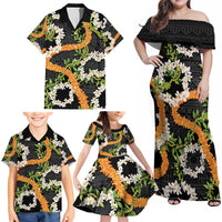 Aloha Festive Hawaii Family Matching Off Shoulder Maxi Dress and Hawaiian Shirt Mokihana - Maile and Ilima on Black - Polynesian Pride