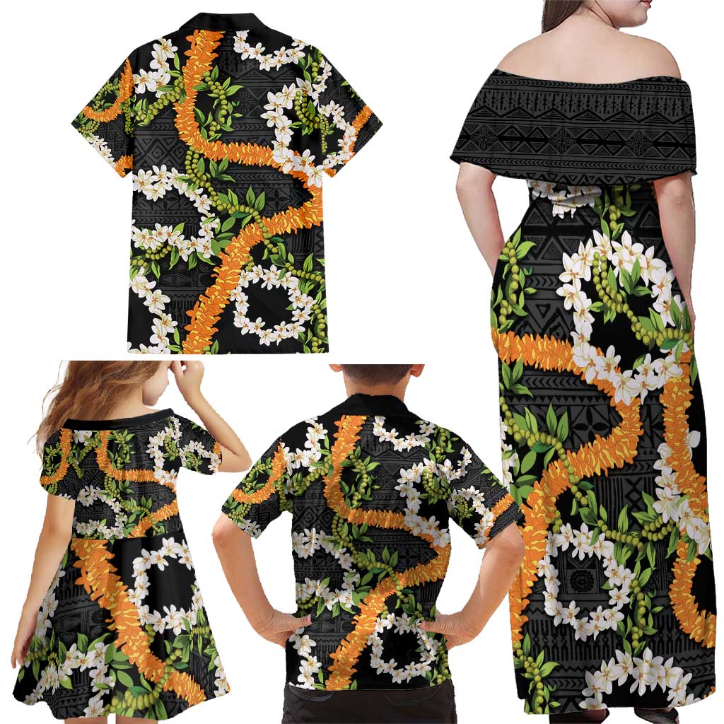 Aloha Festive Hawaii Family Matching Off Shoulder Maxi Dress and Hawaiian Shirt Mokihana - Maile and Ilima on Black - Polynesian Pride