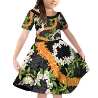 Aloha Festive Hawaii Family Matching Off Shoulder Short Dress and Hawaiian Shirt Mokihana - Maile and Ilima on Black - Polynesian Pride