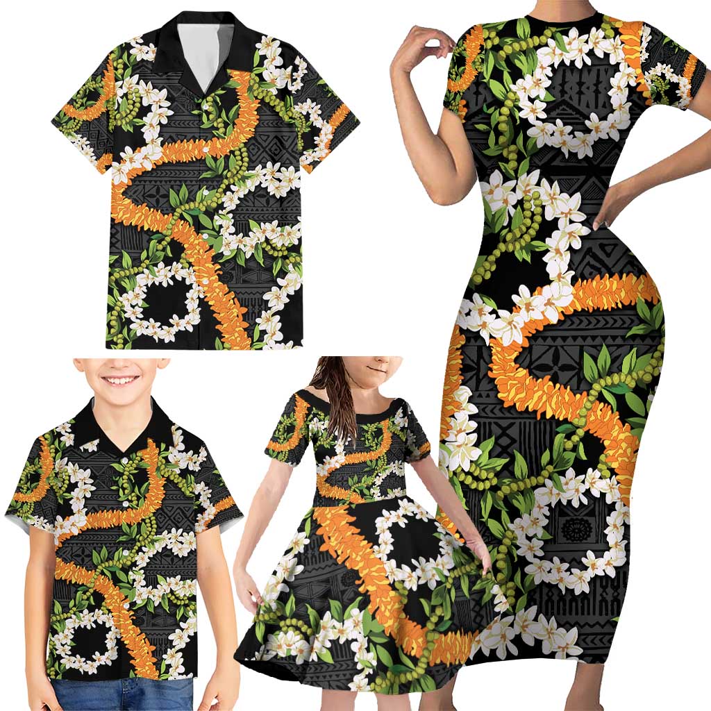 Aloha Festive Hawaii Family Matching Short Sleeve Bodycon Dress and Hawaiian Shirt Mokihana - Maile and Ilima on Black - Polynesian Pride