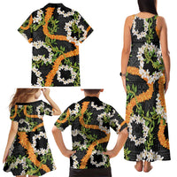 Aloha Festive Hawaii Family Matching Tank Maxi Dress and Hawaiian Shirt Mokihana - Maile and Ilima on Black - Polynesian Pride