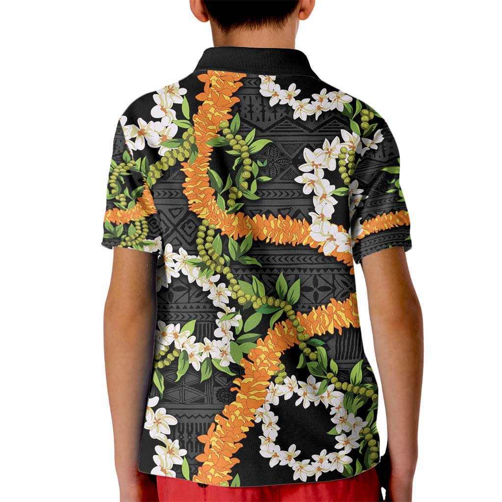 Aloha Festive Hawaii Kid Polo Shirt Mokihana - Maile and Ilima on Black - Polynesian Pride