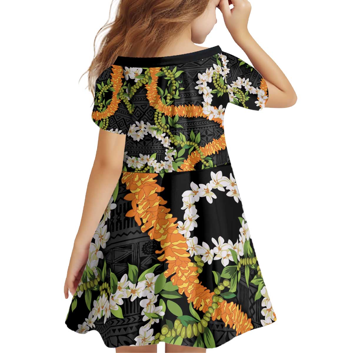 Aloha Festive Hawaii Kid Short Sleeve Dress Mokihana - Maile and Ilima on Black - Polynesian Pride