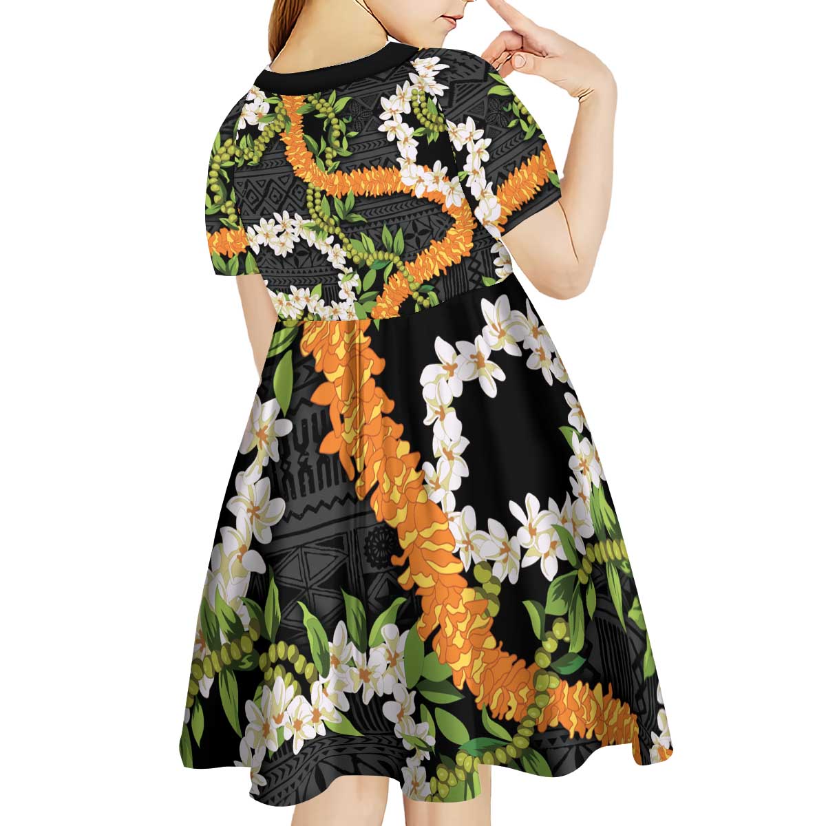 Aloha Festive Hawaii Kid Short Sleeve Dress Mokihana - Maile and Ilima on Black - Polynesian Pride