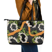 Aloha Festive Hawaii Leather Tote Bag Mokihana - Maile and Ilima on Black - Polynesian Pride