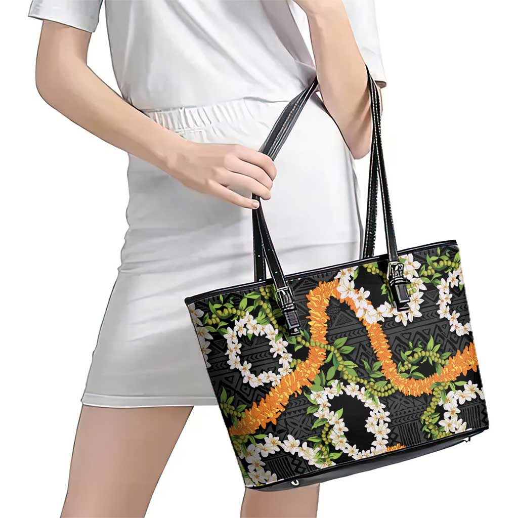 Aloha Festive Hawaii Leather Tote Bag Mokihana - Maile and Ilima on Black - Polynesian Pride