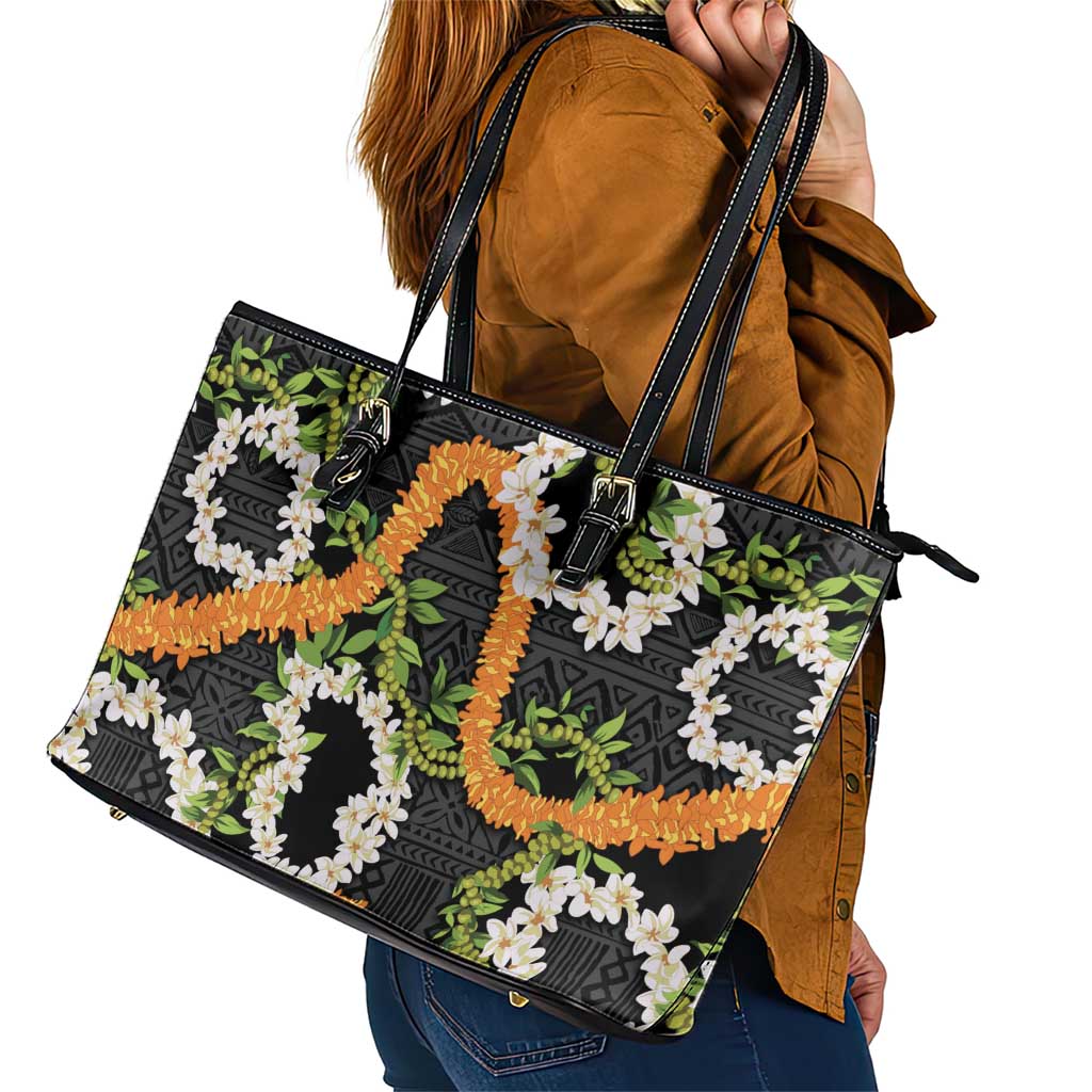 Aloha Festive Hawaii Leather Tote Bag Mokihana - Maile and Ilima on Black - Polynesian Pride