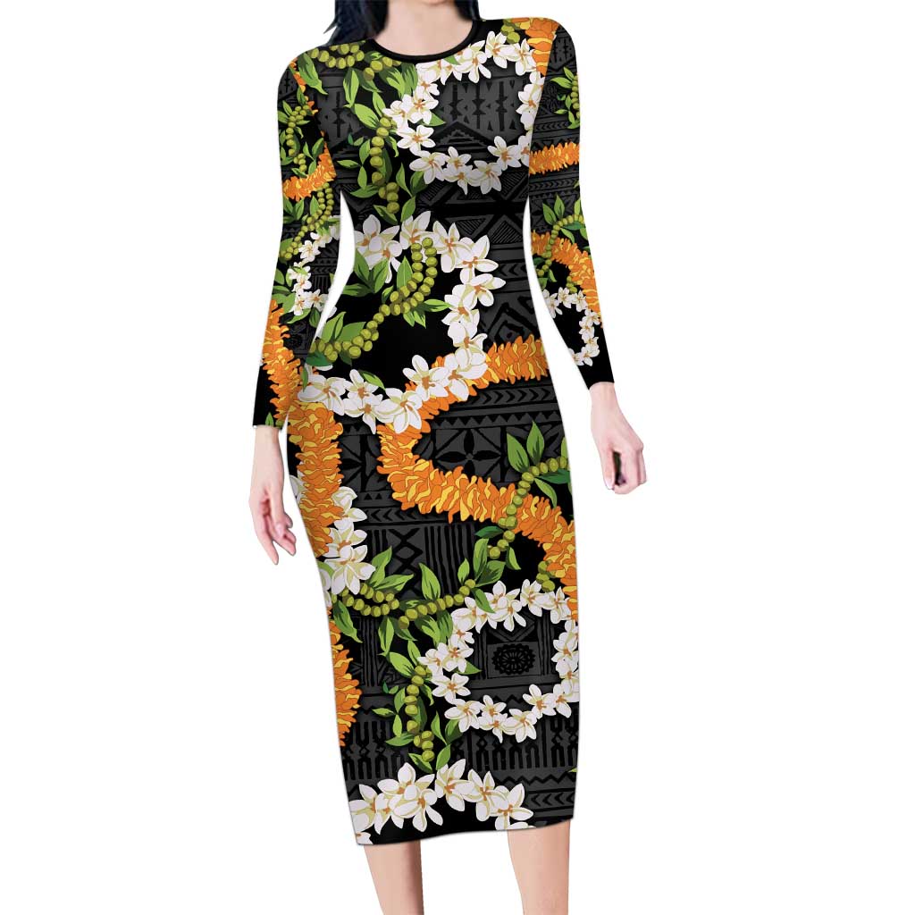 Aloha Festive Hawaii Long Sleeve Bodycon Dress Mokihana - Maile and Ilima on Black LT7 Long Dress Black - Polynesian Pride