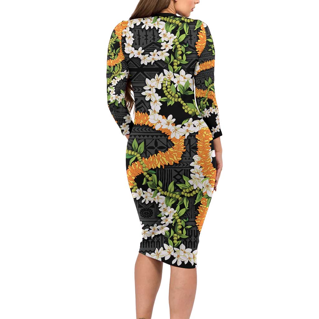 Aloha Festive Hawaii Long Sleeve Bodycon Dress Mokihana - Maile and Ilima on Black LT7 - Polynesian Pride