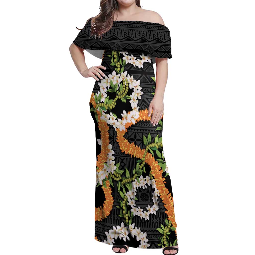 Aloha Festive Hawaii Off Shoulder Maxi Dress Mokihana - Maile and Ilima on Black LT7 Women Black - Polynesian Pride