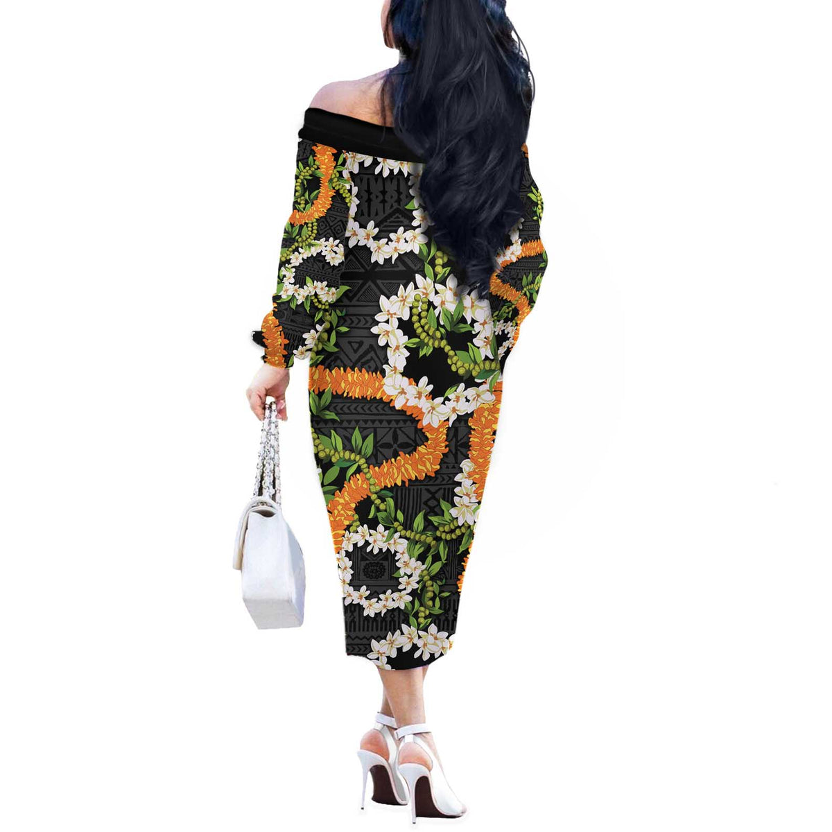 Aloha Festive Hawaii Off The Shoulder Long Sleeve Dress Mokihana - Maile and Ilima on Black - Polynesian Pride