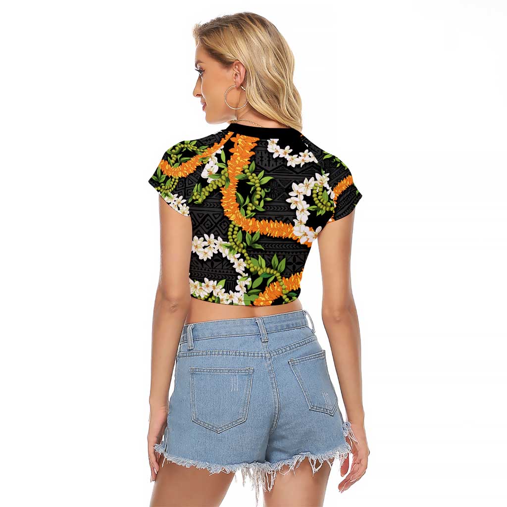 Aloha Festive Hawaii Raglan Cropped T Shirt Mokihana - Maile and Ilima on Black - Polynesian Pride