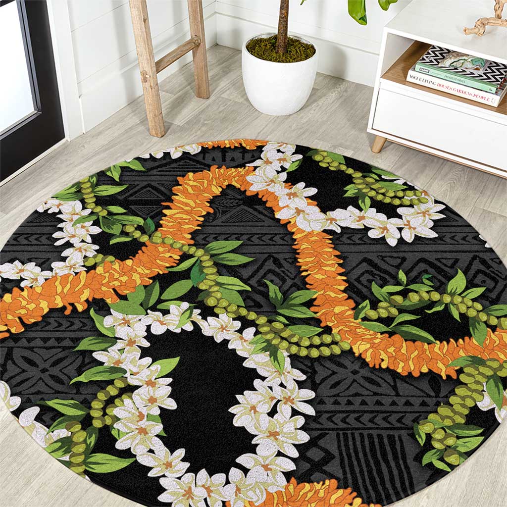 Aloha Festive Hawaii Round Carpet Mokihana - Maile and Ilima on Black - Polynesian Pride