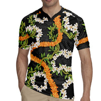 Aloha Festive Hawaii Rugby Jersey Mokihana - Maile and Ilima on Black - Polynesian Pride