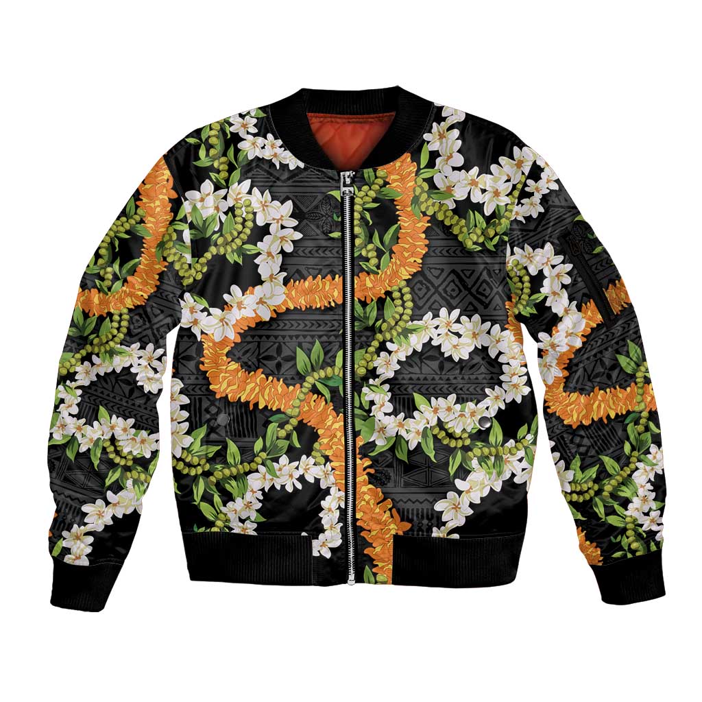 Aloha Festive Hawaii Sleeve Zip Bomber Jacket Mokihana - Maile and Ilima on Black - Polynesian Pride