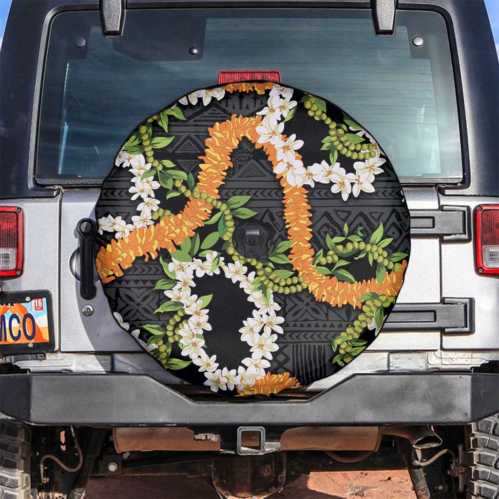 Aloha Festive Hawaii Spare Tire Cover Mokihana - Maile and Ilima on Black - Polynesian Pride