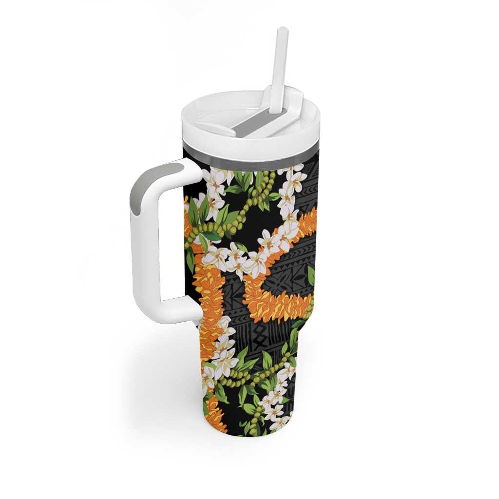 Aloha Festive Hawaii Tumbler With Handle Mokihana - Maile and Ilima on Black - Polynesian Pride