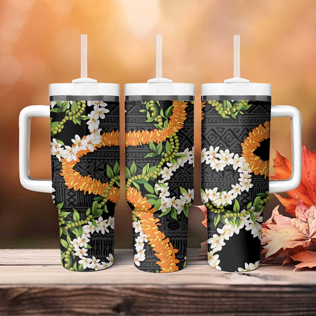 Aloha Festive Hawaii Tumbler With Handle Mokihana - Maile and Ilima on Black - Polynesian Pride