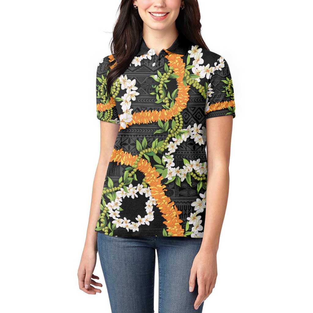 Aloha Festive Hawaii Women Polo Shirt Mokihana - Maile and Ilima on Black - Polynesian Pride