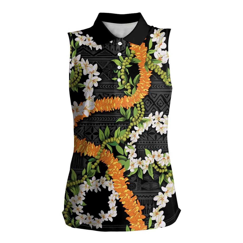 Aloha Festive Hawaii Women Sleeveless Polo Shirt Mokihana - Maile and Ilima on Black - Polynesian Pride