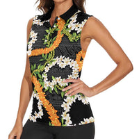 Aloha Festive Hawaii Women Sleeveless Polo Shirt Mokihana - Maile and Ilima on Black - Polynesian Pride