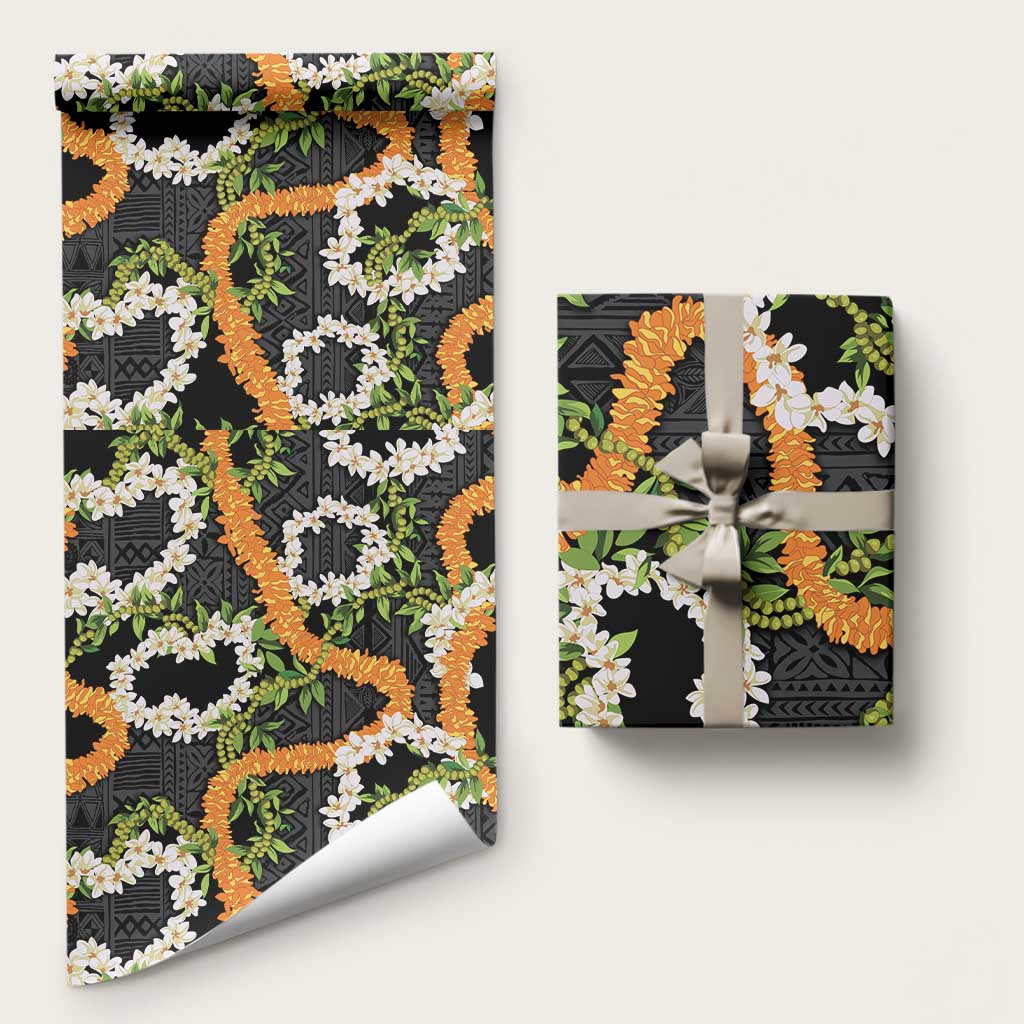 Aloha Festive Hawaii Wrapping Paper Mokihana - Maile and Ilima on Black