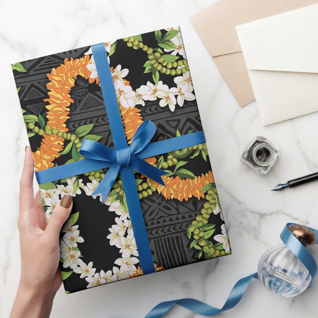 Aloha Festive Hawaii Wrapping Paper Mokihana - Maile and Ilima on Black