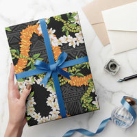 Aloha Festive Hawaii Wrapping Paper Mokihana - Maile and Ilima on Black