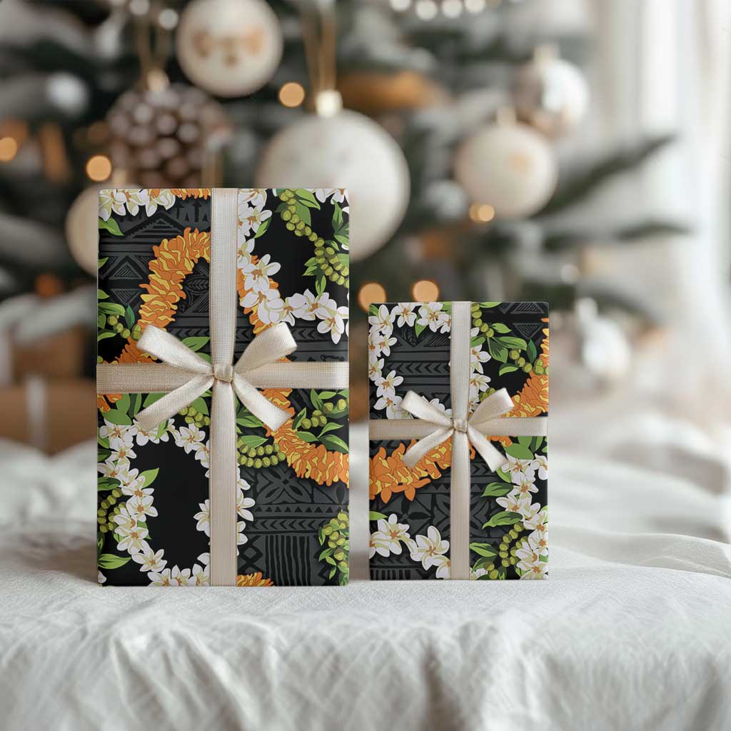 Aloha Festive Hawaii Wrapping Paper Mokihana - Maile and Ilima on Black