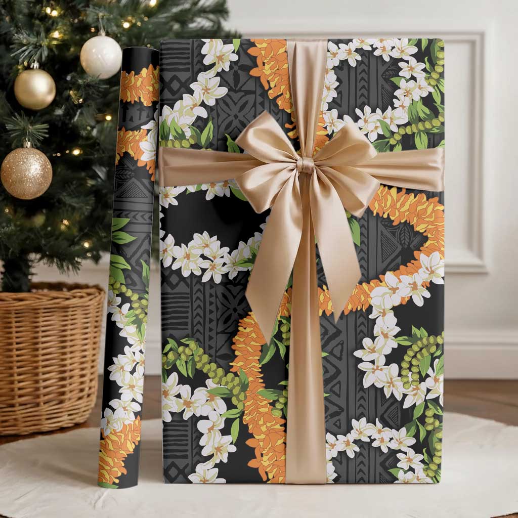 Aloha Festive Hawaii Wrapping Paper Mokihana - Maile and Ilima on Black
