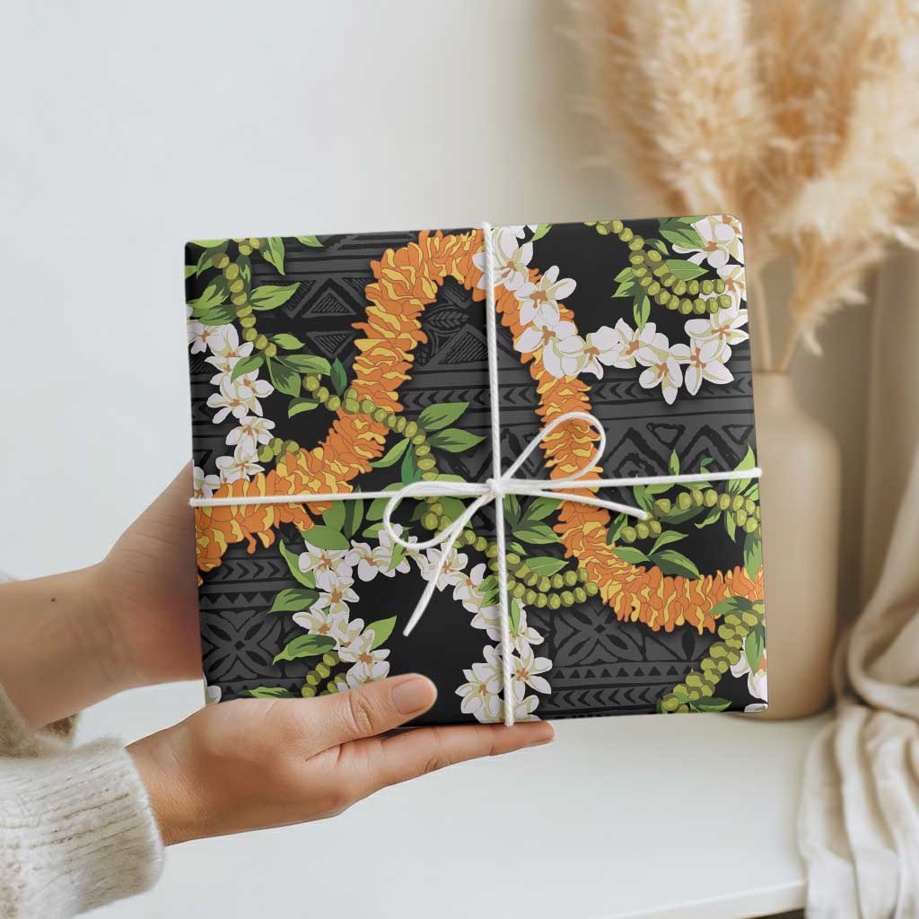 Aloha Festive Hawaii Wrapping Paper Mokihana - Maile and Ilima on Black