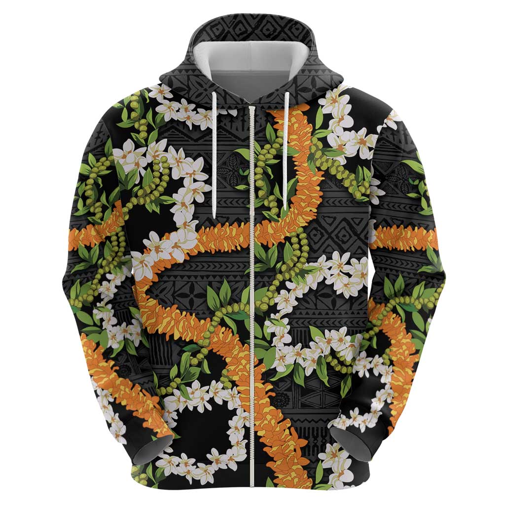 Aloha Festive Hawaii Zip Hoodie Mokihana - Maile and Ilima on Black - Polynesian Pride