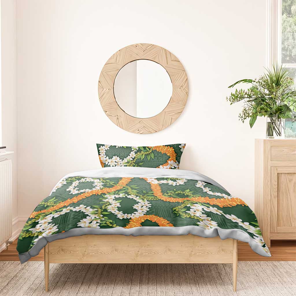 Aloha Festive Hawaii Bedding Set Mokihana - Maile and Ilima on Forest Green - Polynesian Pride