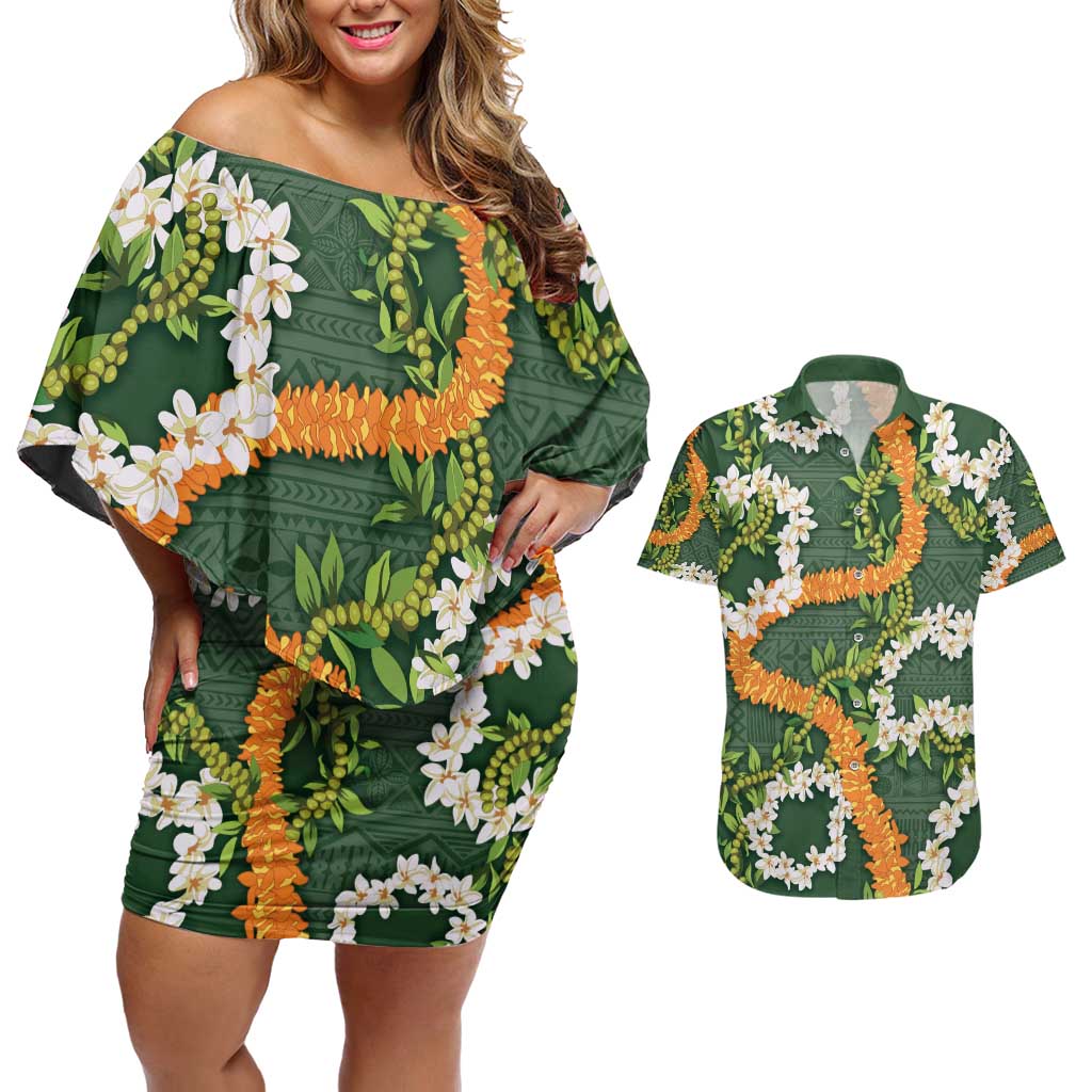 Aloha Festive Hawaii Couples Matching Off Shoulder Short Dress and Hawaiian Shirt Mokihana - Maile and Ilima on Forest Green - Polynesian Pride