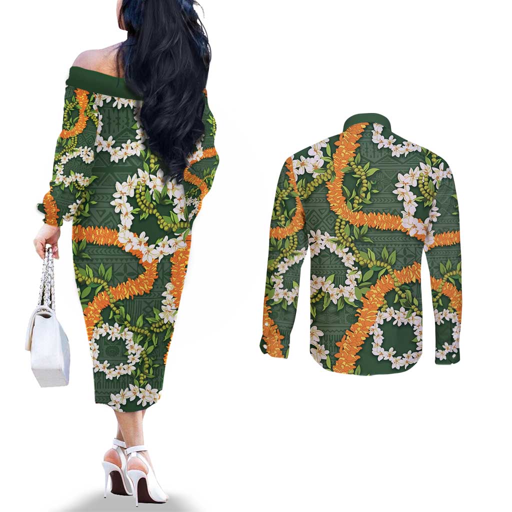 Aloha Festive Hawaii Couples Matching Off The Shoulder Long Sleeve Dress and Long Sleeve Button Shirt Mokihana - Maile and Ilima on Forest Green - Polynesian Pride