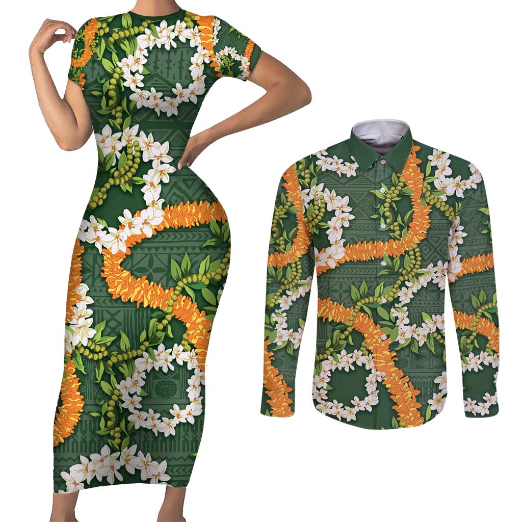 Aloha Festive Hawaii Couples Matching Short Sleeve Bodycon Dress and Long Sleeve Button Shirt Mokihana - Maile and Ilima on Forest Green - Polynesian Pride