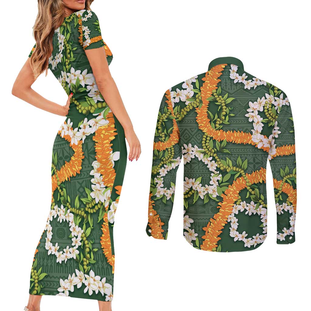 Aloha Festive Hawaii Couples Matching Short Sleeve Bodycon Dress and Long Sleeve Button Shirt Mokihana - Maile and Ilima on Forest Green - Polynesian Pride