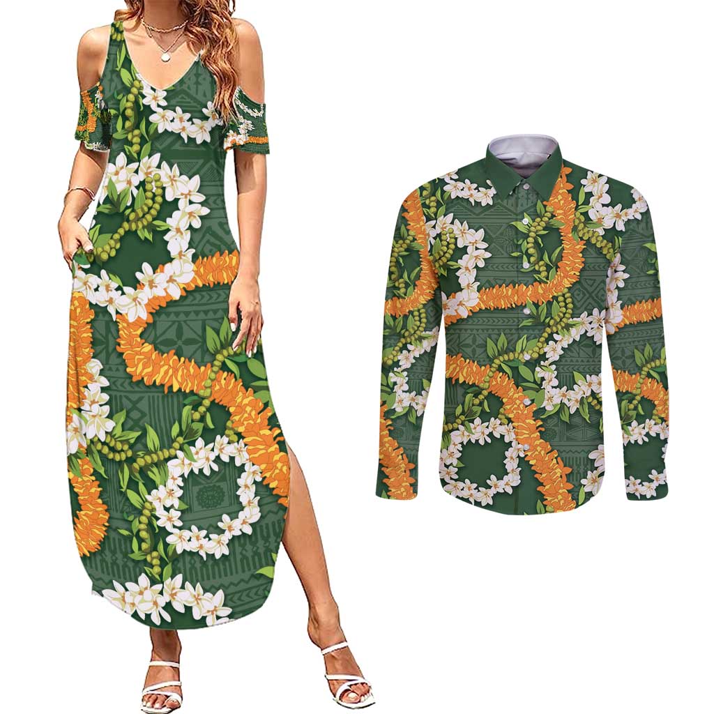 Aloha Festive Hawaii Couples Matching Summer Maxi Dress and Long Sleeve Button Shirt Mokihana - Maile and Ilima on Forest Green LT7 Forest Green - Polynesian Pride