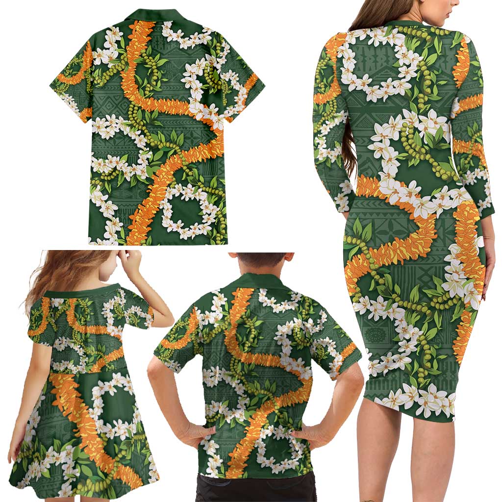 Aloha Festive Hawaii Family Matching Long Sleeve Bodycon Dress and Hawaiian Shirt Mokihana - Maile and Ilima on Forest Green - Polynesian Pride