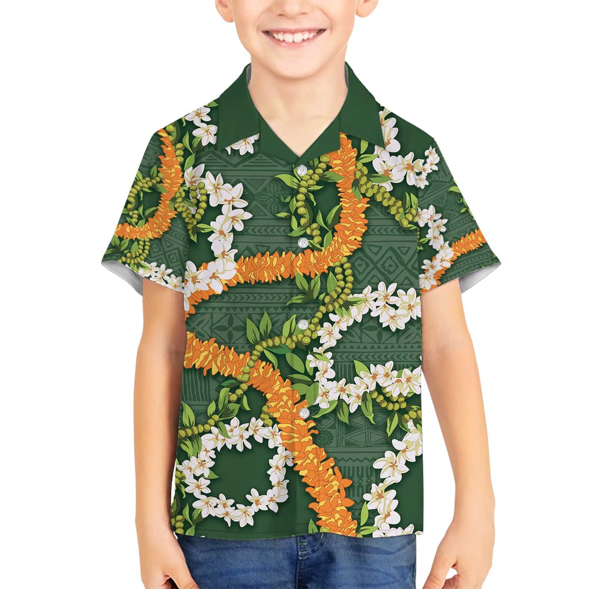Aloha Festive Hawaii Family Matching Off The Shoulder Long Sleeve Dress and Hawaiian Shirt Mokihana - Maile and Ilima on Forest Green - Polynesian Pride