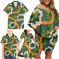Aloha Festive Hawaii Family Matching Off Shoulder Short Dress and Hawaiian Shirt Mokihana - Maile and Ilima on Forest Green - Polynesian Pride