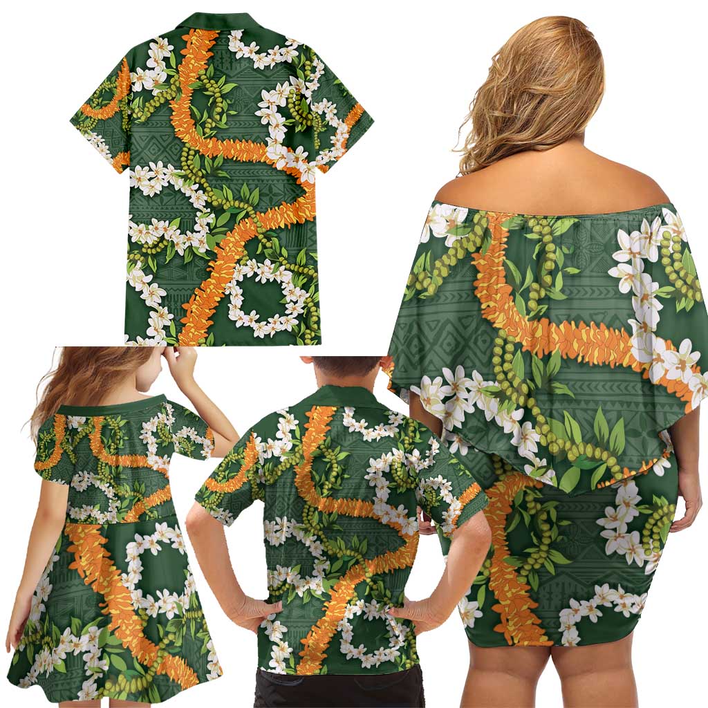 Aloha Festive Hawaii Family Matching Off Shoulder Short Dress and Hawaiian Shirt Mokihana - Maile and Ilima on Forest Green - Polynesian Pride